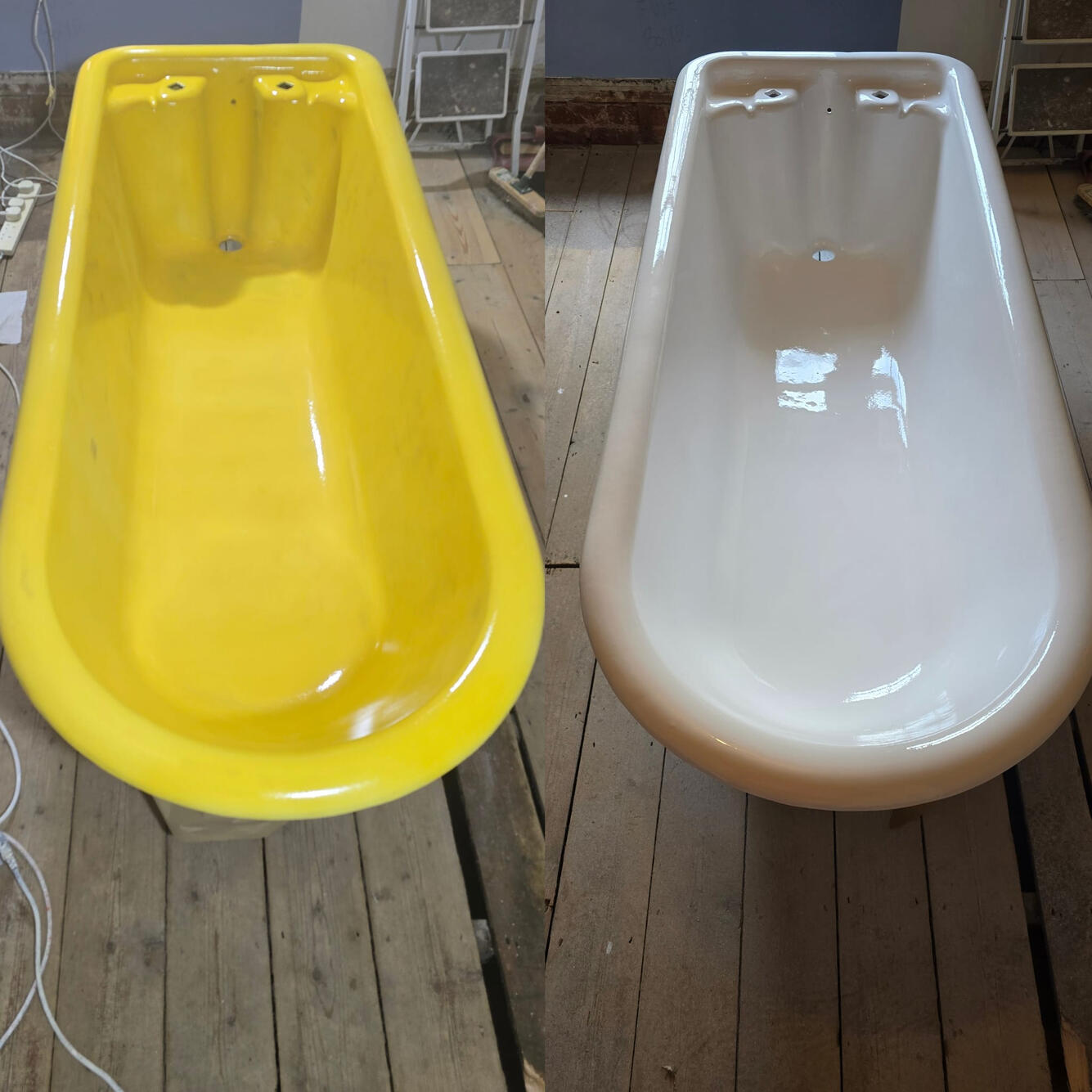 BEFORE AND AFTER PHOTOS OF A CAST IRON ROLL TOP BATH RE-ENAMELLED IN Reading
