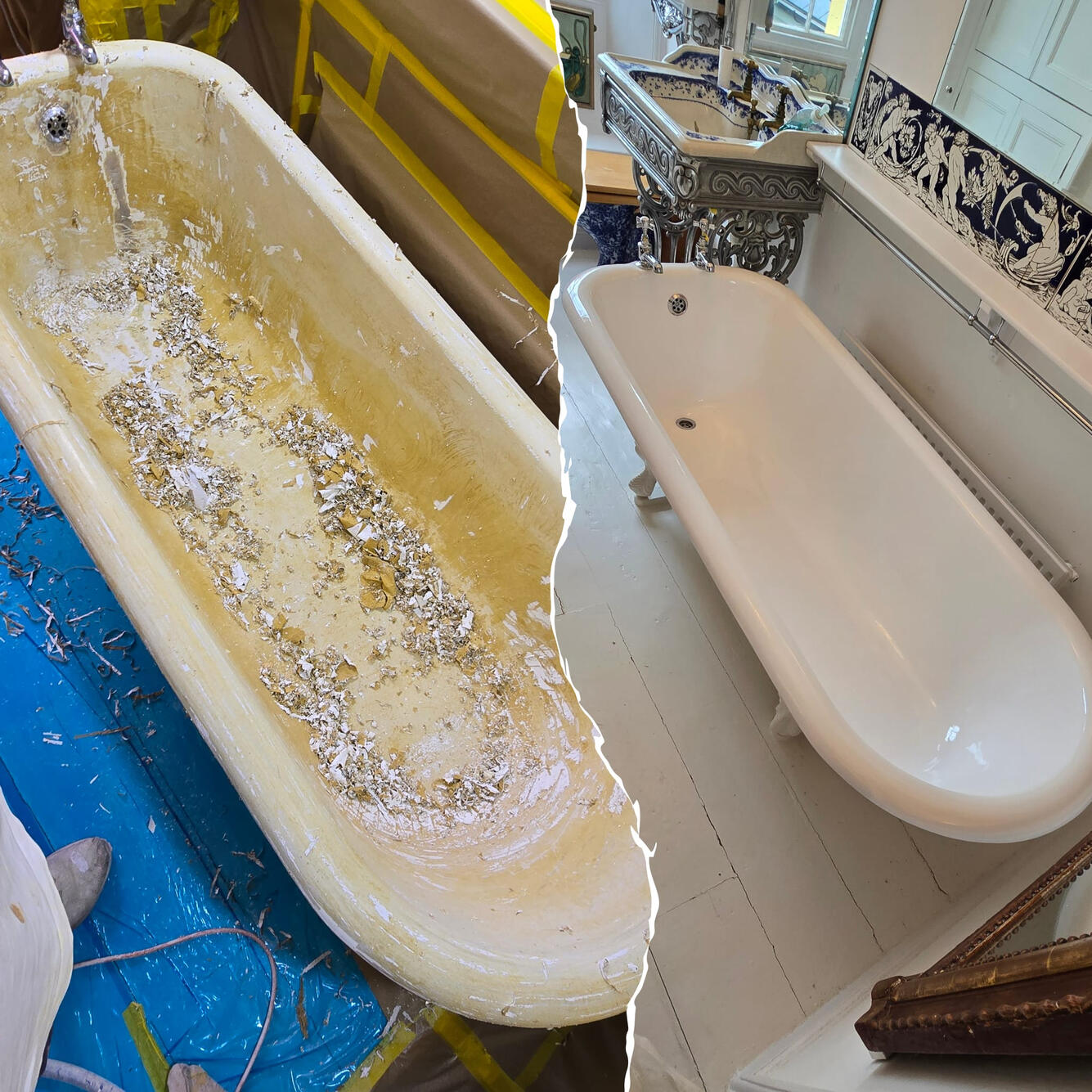 Before and after Victorian cast iron roll top bath re-enamelling in Reading, Berkshire