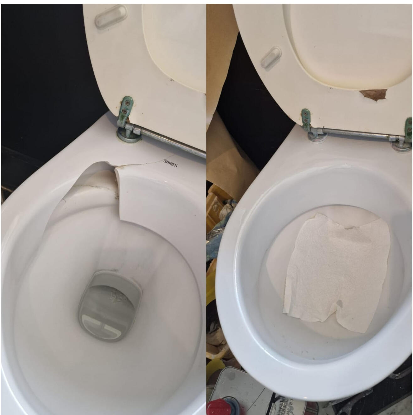 before and after pictures of a ceramic toilet crack repair in Earley - Reading