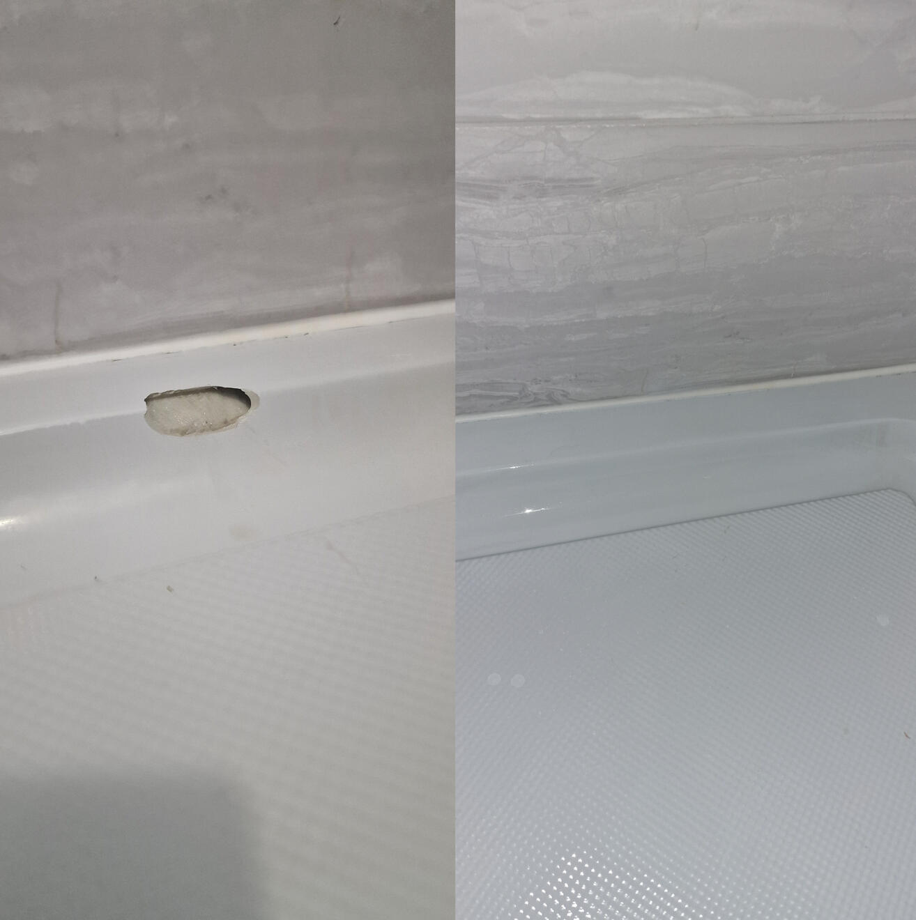 BEFORE AND AFTER PICTURES OF A STONE RESIN SHOWER TRAY CHIP REPAIR Before and after pictures of a shower Tray repair in Whitley - Reading