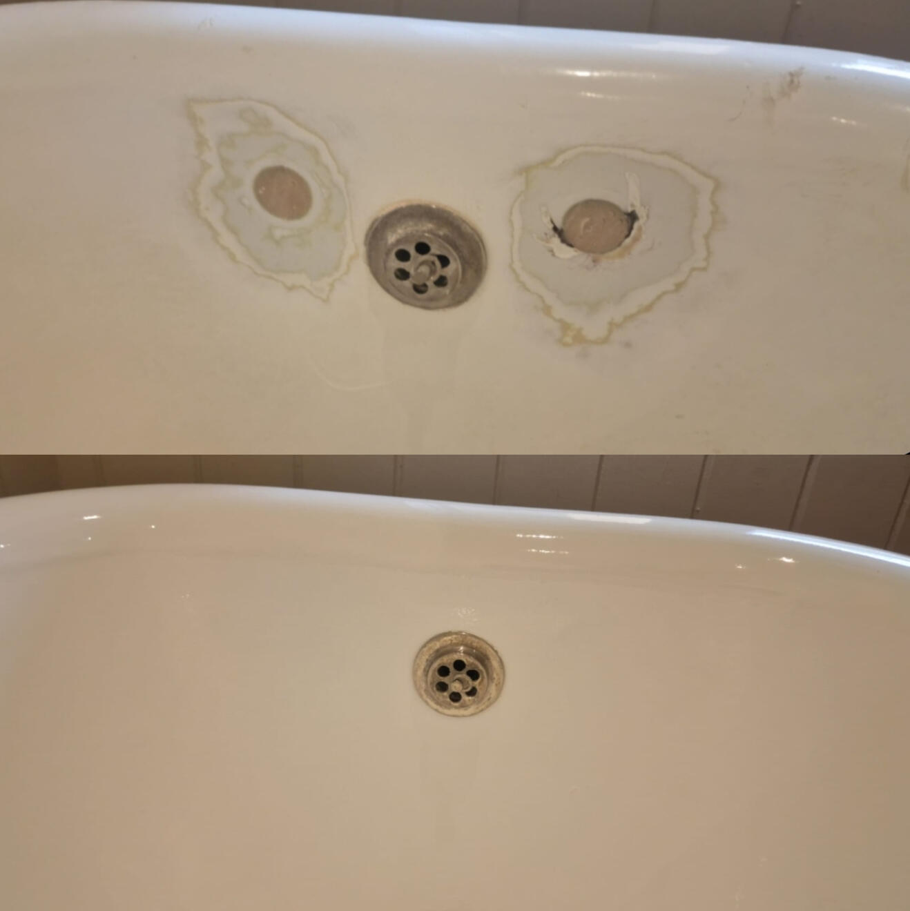 Before and after cast iron bath tap holes filled and repaired in Reading, Berkshire
