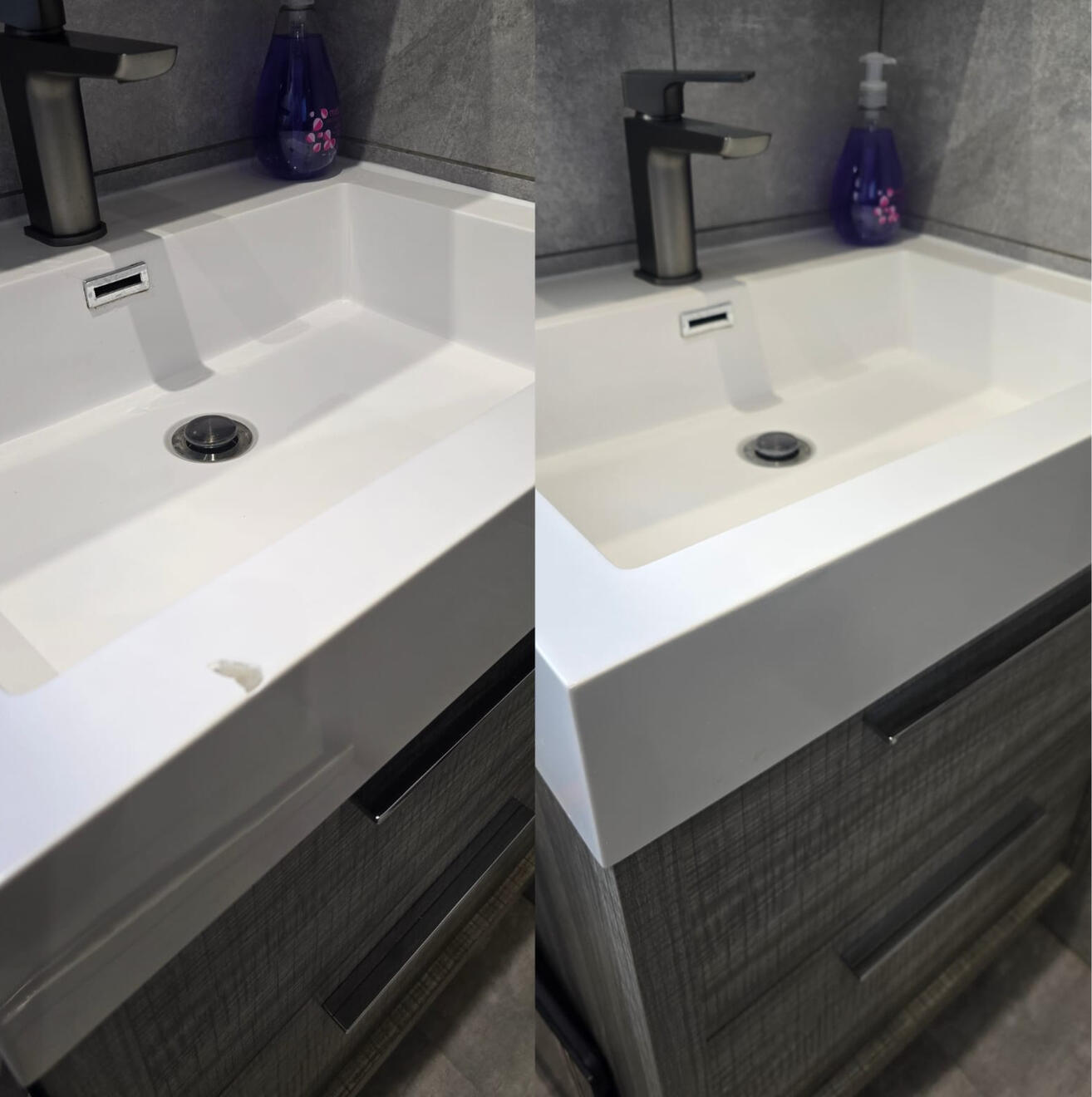 Before and after composite bathroom basin chip repair in a Reading Airbnb property