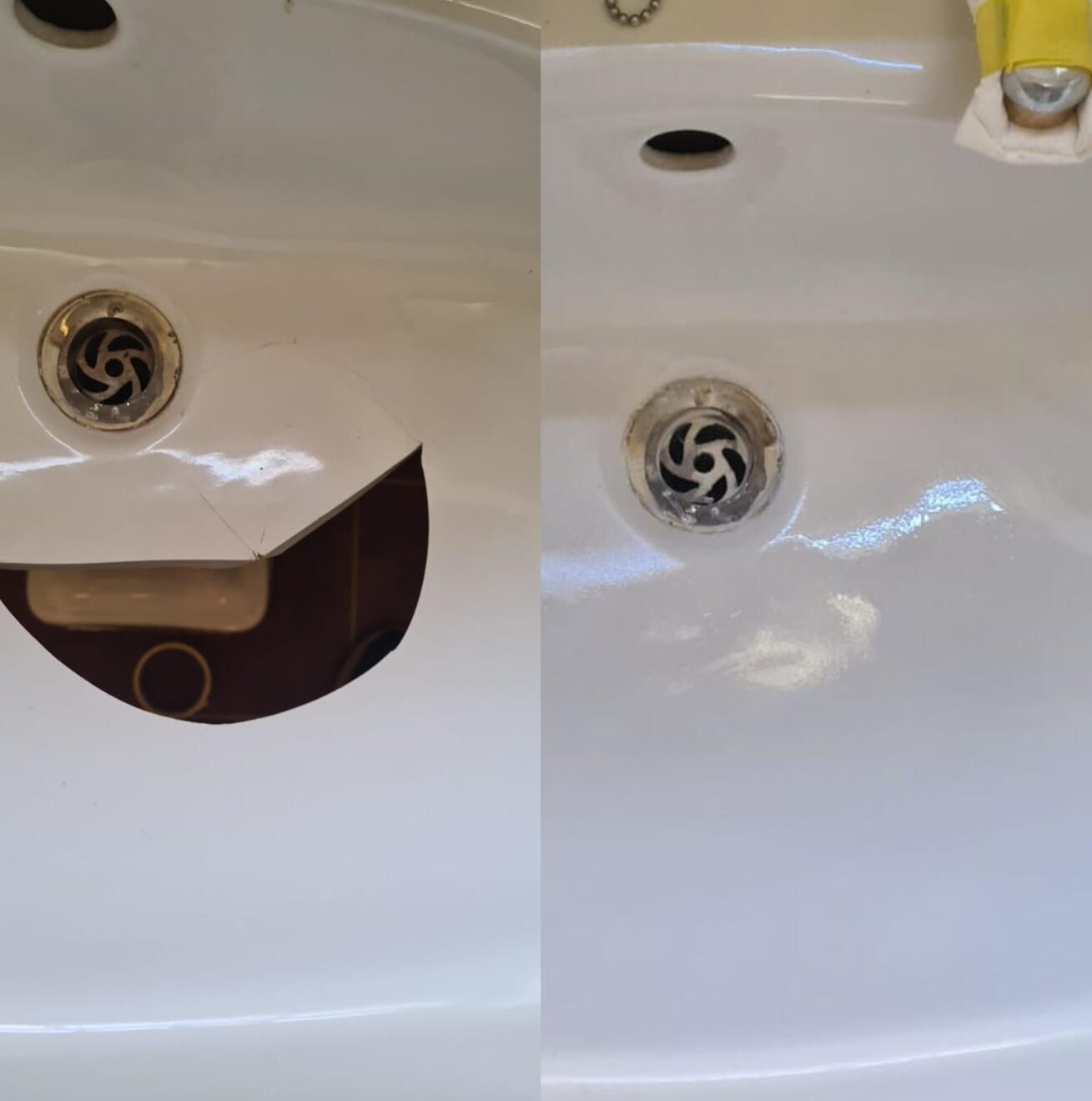 before and after pictures of a ceramic sink crack repair Before and after ceramic sink crack repair in Reading, Berkshire