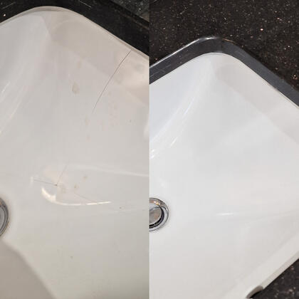 Before and after picture of stone resin shower tray crack repaired in reading