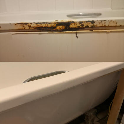 Before and after picture of cast iron bath rust damage repair in reading
