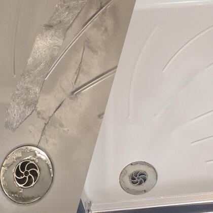 Before and after picture of stone resin shower tray crack repair in reading
