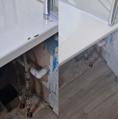 Before and after picture of steel bath chip repaired in reading