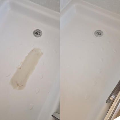 Before and after picture of stone resin shower tray crack repaired in reading