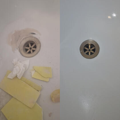 Before and after picture of cast iron bath rusty plug hole repair in reading