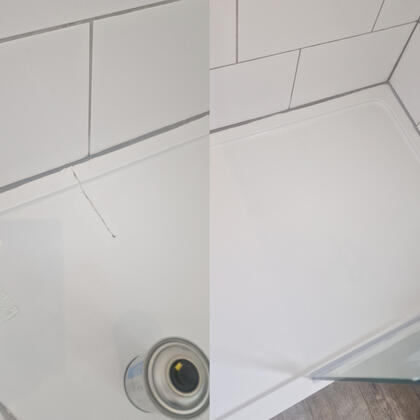 Before and after picture of acrylic shower tray crack repaired in reading