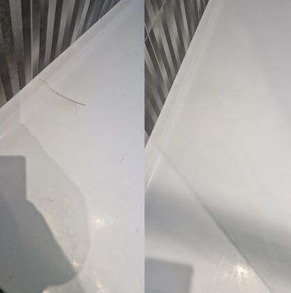 Before and after picture of acrylic shower tray crack repaired in reading