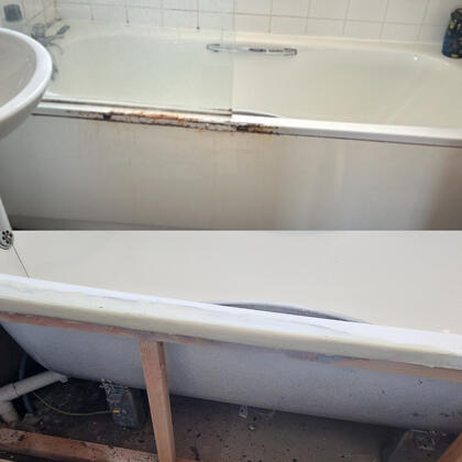 Before and after picture of rusty cast iron bath repaired in reading