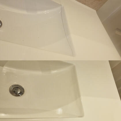 Before and after picture of ceramic sink chip repaired in reading