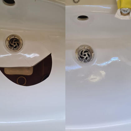 Before and after picture of acrylic bath hole repaired in reading