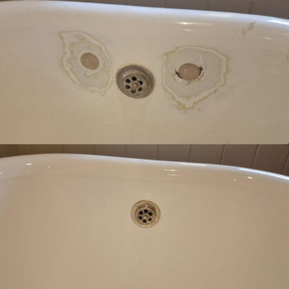 Before and after picture of cast iron bath tap hole repair in reading