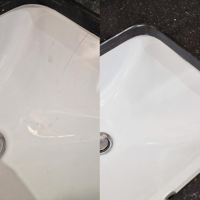 Before and after picture of stone resin shower tray crack repaired in reading
