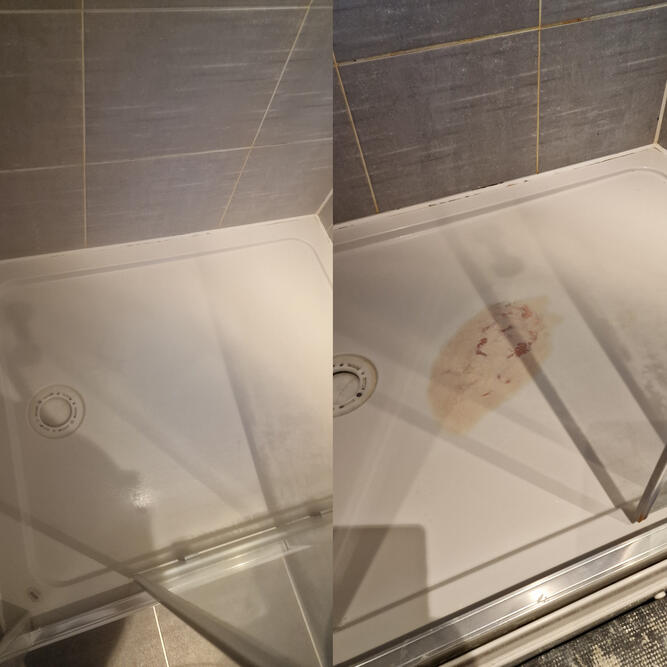 Before and after picture of stone resin shower tray crack repaired in reading