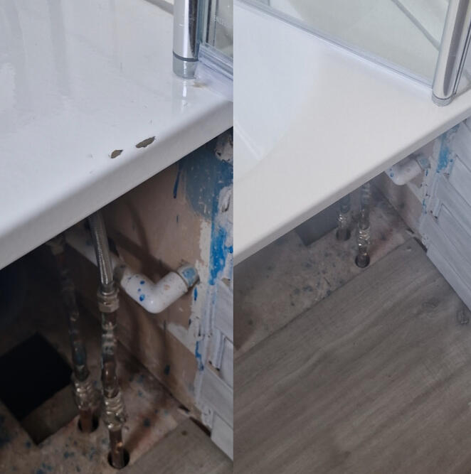 Before and after picture of steel bath chip repaired in reading