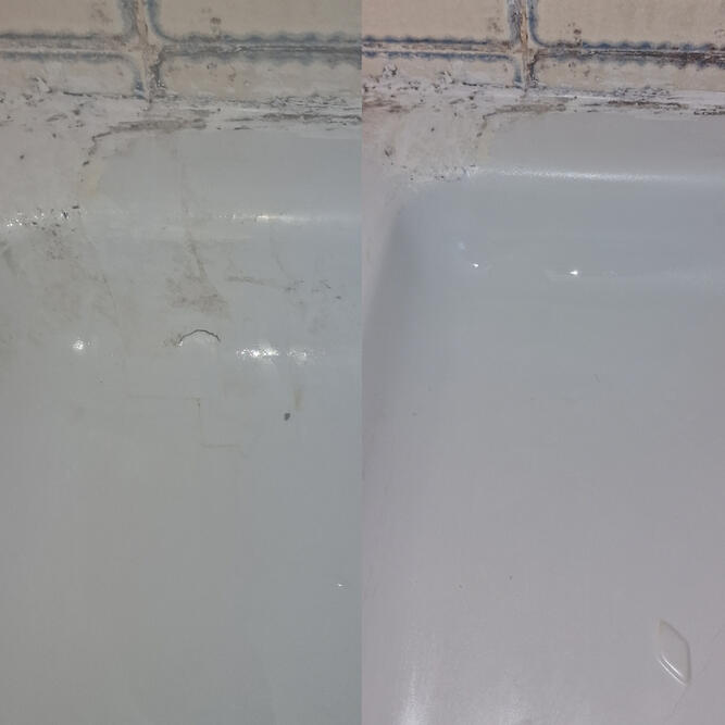 Before and after picture of acrylic shower tray crack repaired in reading