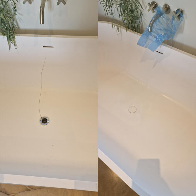 Before and after picture of cast iron bath crack repaired in reading