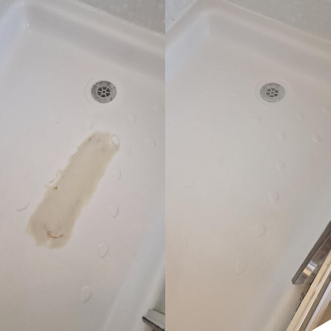 Before and after picture of stone resin shower tray crack repaired in reading