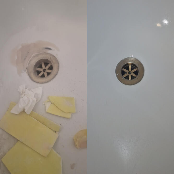 Before and after picture of cast iron bath rusty plug hole repair in reading
