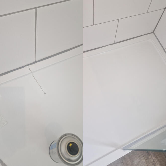 Before and after picture of acrylic shower tray crack repaired in reading