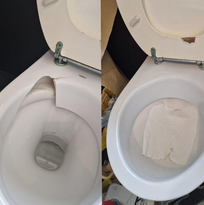 Before and after picture of toilet crack repaired in reading