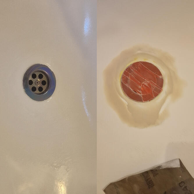 Before and after picture of rusty steel bath plug hole repaired in reading