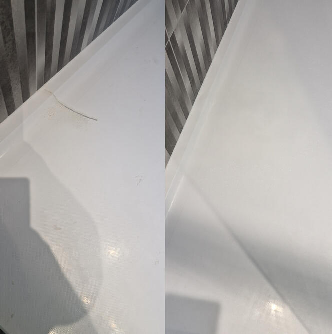 Before and after picture of acrylic shower tray crack repaired in reading