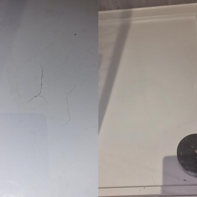 Before and after picture of acrylic shower tray crack repaired in reading