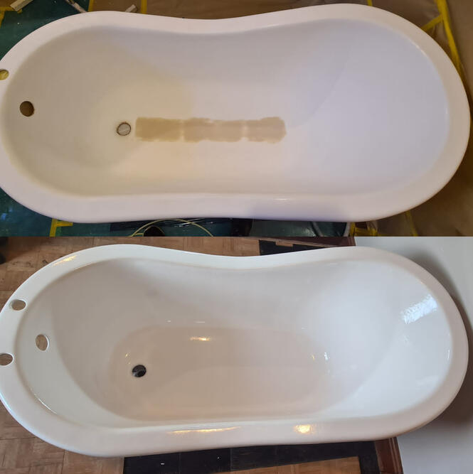 Before and after picture of acrylic bath crack repaired in reading
