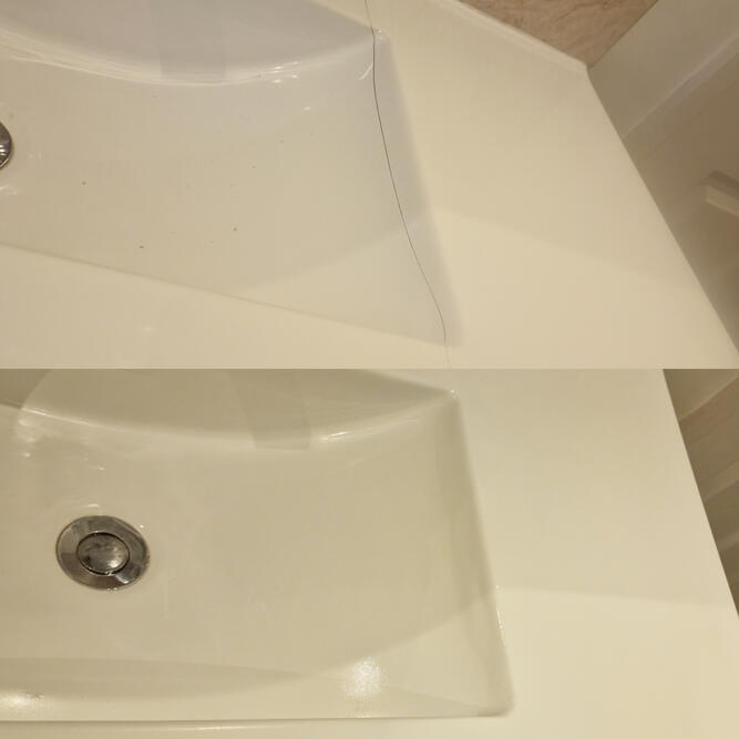 Before and after picture of ceramic sink chip repaired in reading