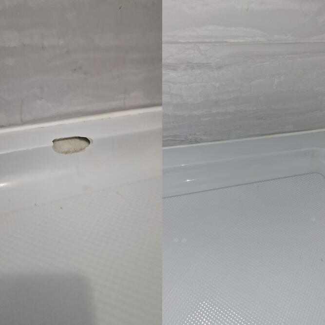 Before and after picture of acrylic shower tray hole repaired in reading