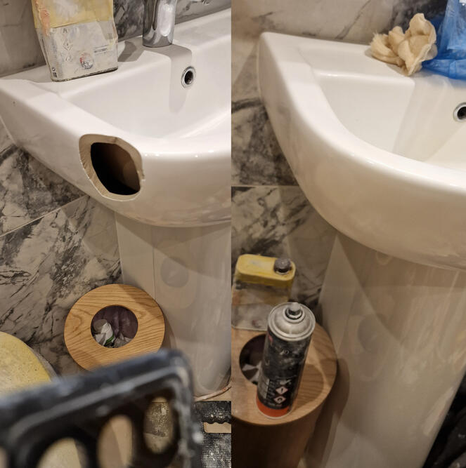 Before and after picture of ceramic sink hole repaired in reading