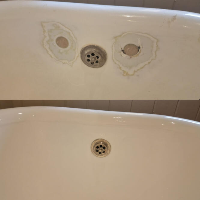 Before and after picture of cast iron bath tap hole repair in reading