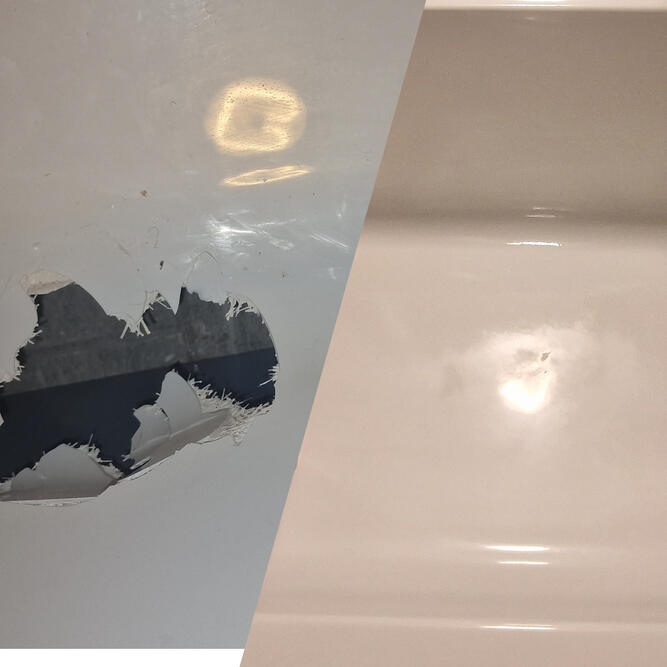 Before and after picture of stone resin shower tray crack in reading