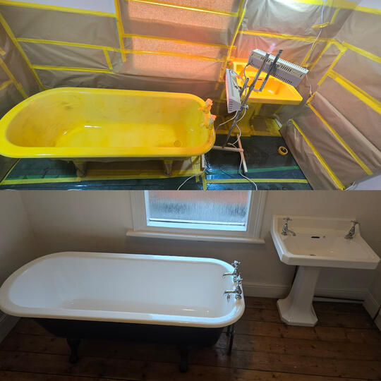 before and after picture of a bath & basin re-enamelled in Berkshire - Reading service completed by glossy baths