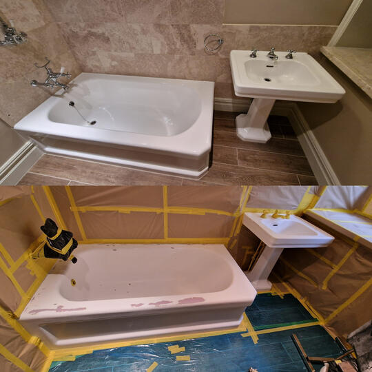 before and after picture of a bath and sink re-enamelled in Berkshire - Reading service completed by glossy baths